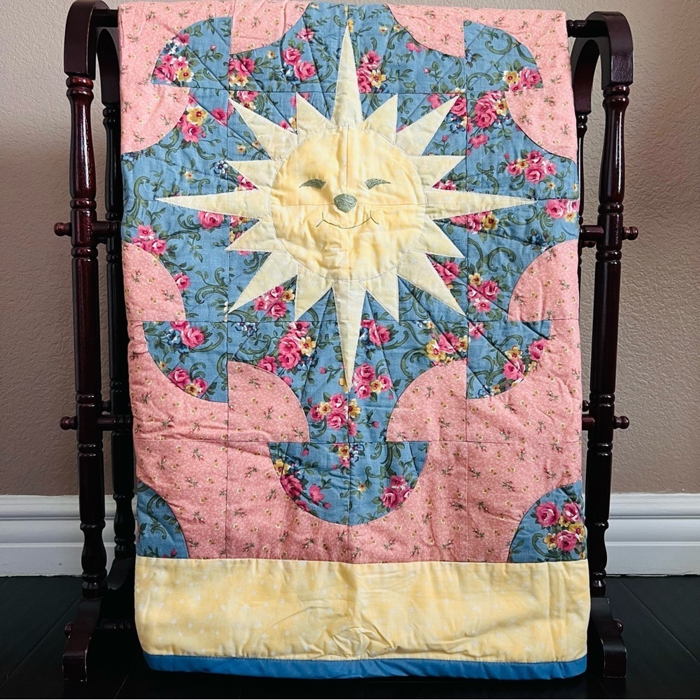 New Handmade Floral Sunburst Quilt - Pink, Blue, Yellow